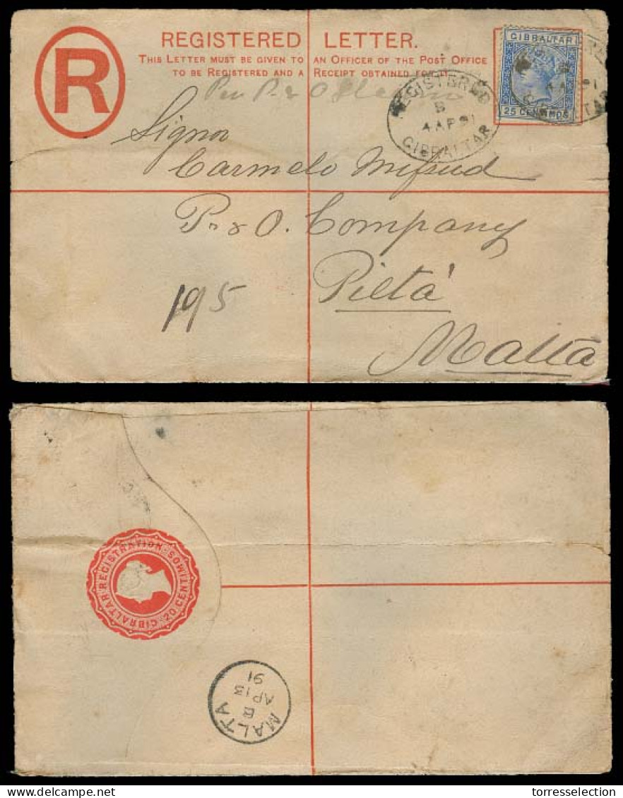 GIBRALTAR. 1891. Gibraltar - MALTA / Pietá. Regist Stat Env + Adtl. Mns 2, Per P & O Steamer" 25cts. - Gibraltar