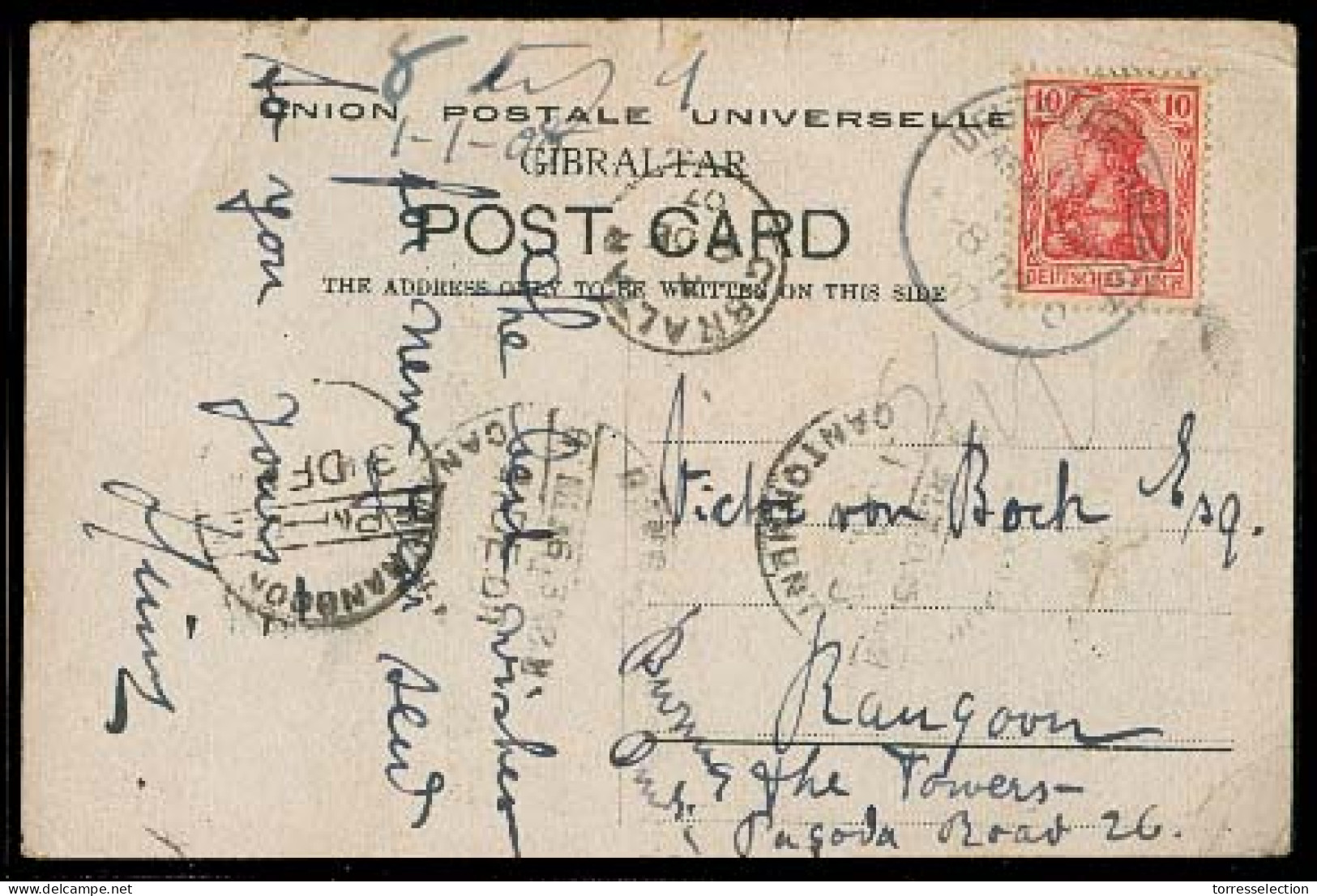GIBRALTAR. 1907. Gibraltar - BURMA. German See Post Usage. Local PPC. Arrival Cds On Front. - Gibraltar
