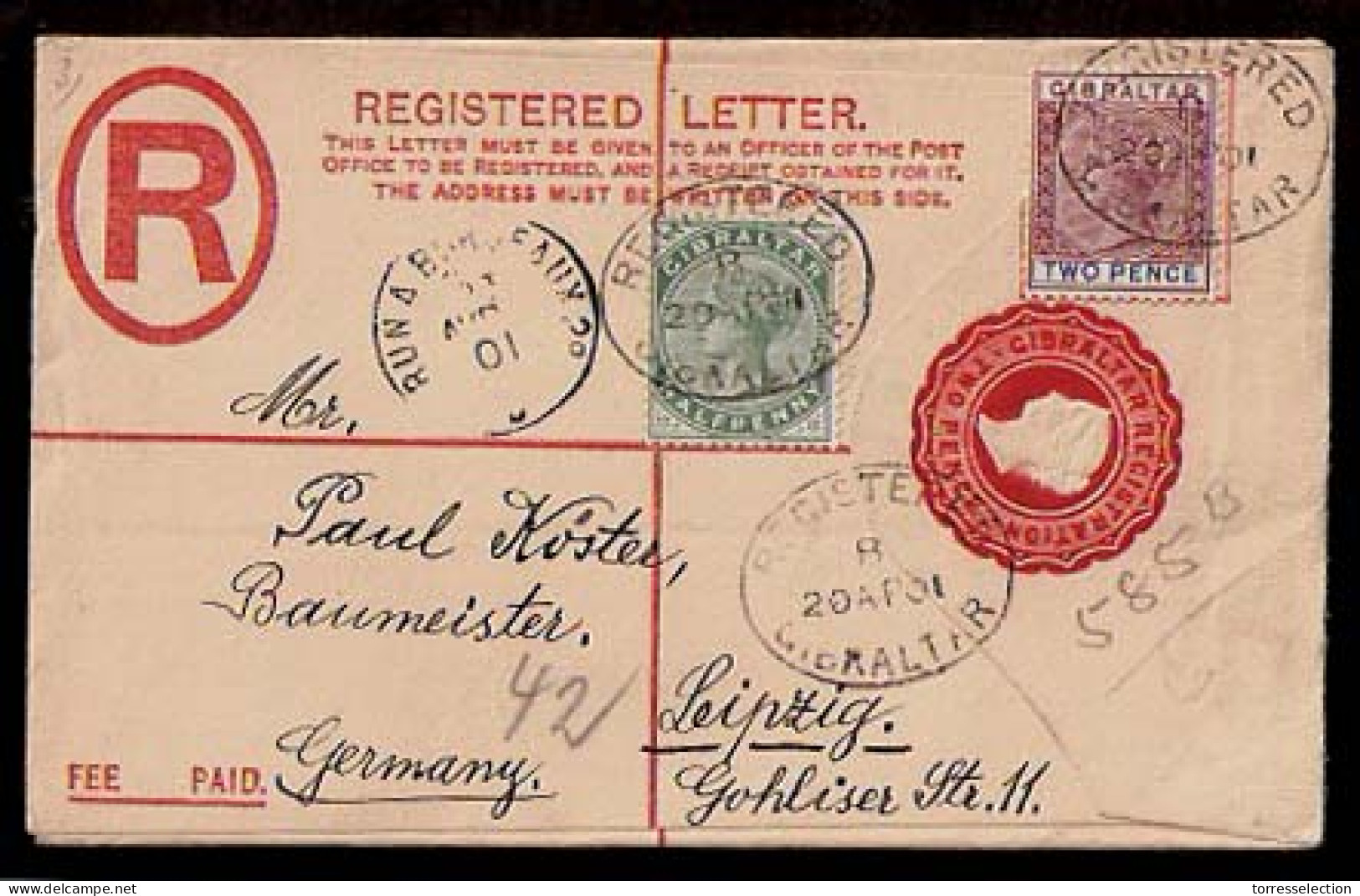 GIBRALTAR. 1901. Gibraltar / Germany. Regis. Stat Env. + 2 Adtls. - Gibraltar