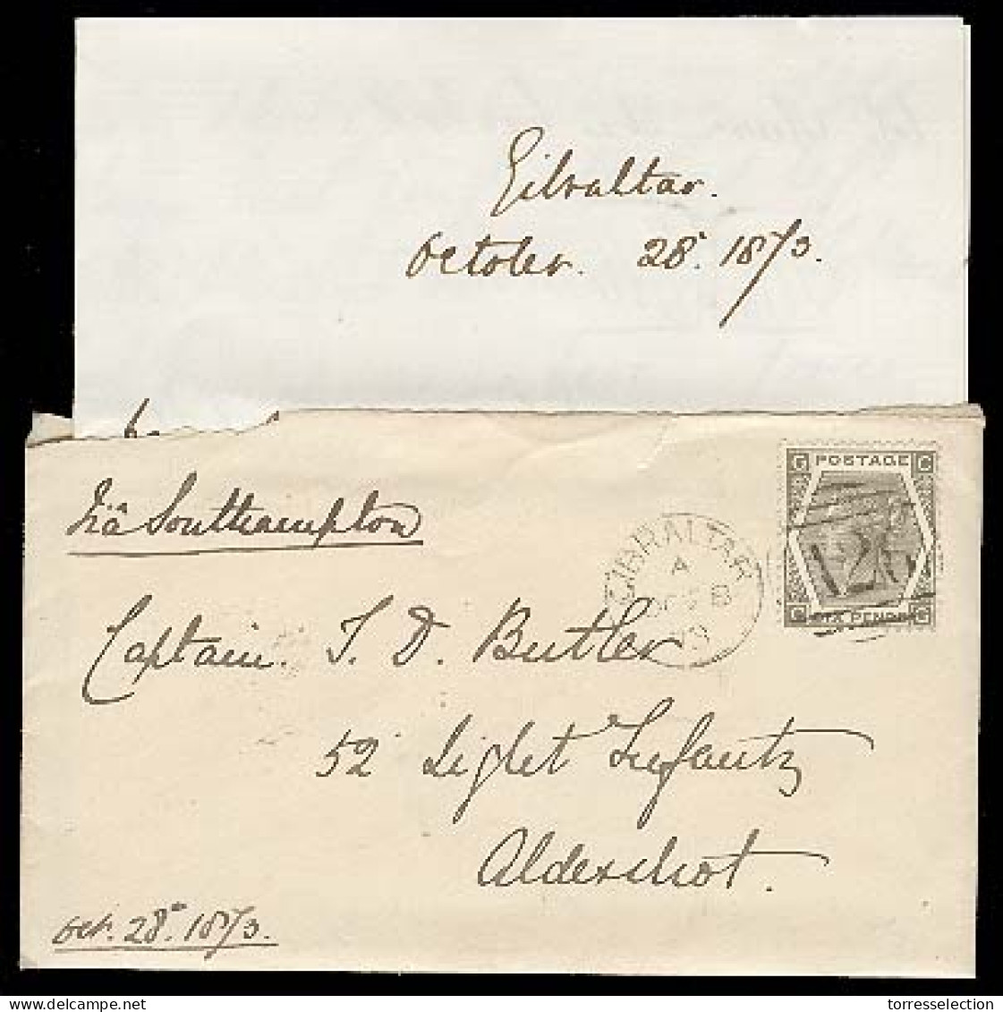 GIBRALTAR. 1873 (Oct 28). Env With Contains Addressed To Aldexchot / UK. Fkd 6d Pl.12, Large Corner Letter. VF. - Gibraltar