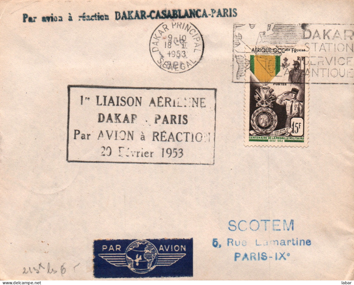 LETTRE / SCOTEM / Inauguration De La 1 ère Liaison Aérienne DAKAR PARIS 1953 RARE Avion A Réaction - 1927-1959 Used