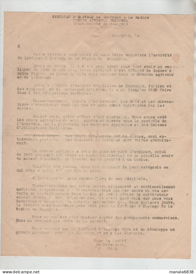 Syndicat D'Elevage De Bourgoin Et La Région Comice Agricole Régional Président Grand 1954 - Ohne Zuordnung