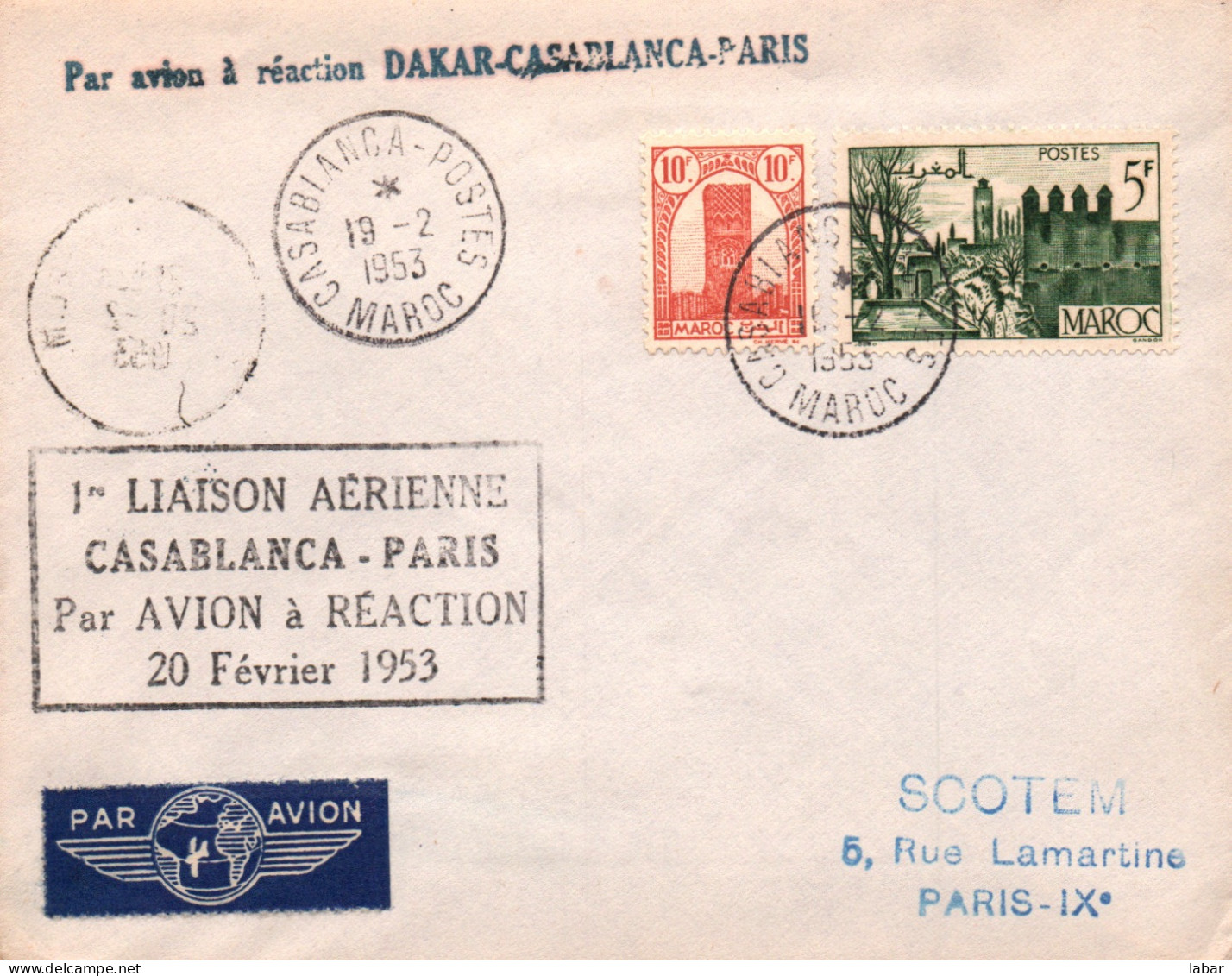 LETTRE / SCOTEM / Inauguration De La 1 ère Liaison Aérienne CASABLANCA PARIS 1953 RARE Avion A Réaction - 1927-1959 Oblitérés