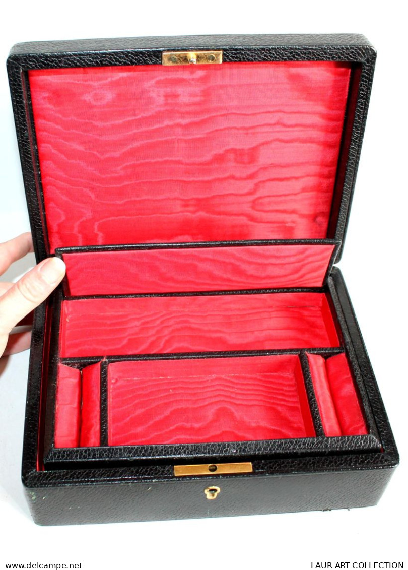 JOLI ANCIEN COFFRET BOITE A BIJOUX en CUIR NOIR et DORURE + COMPARTIMENT BAGUIER AMOVIBLE, ART DECORATIF (0603.15b)