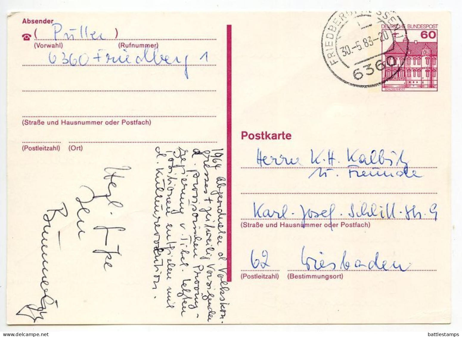 Germany, West 1983 60pf. Rheydt Castle Postal Card; Friedberg To Wiesbaden - Cartes Postales - Oblitérées