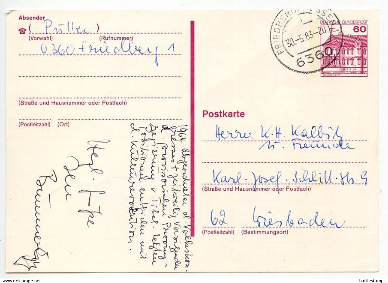 Germany, West 1983 60pf. Rheydt Castle Postal Card; Friedberg To Wiesbaden - Cartoline - Usati