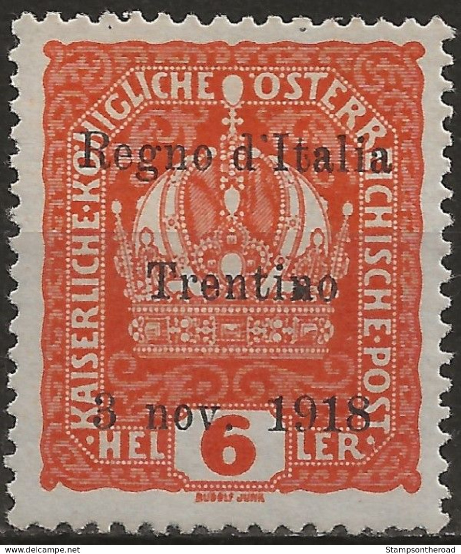 TRAA3L - 1918 Terre Redente - Trentino-Alto Adige, Sass. Nr. 3, Francobollo Nuovo Con Traccia Di Linguella */ FIRMATO - Trentin