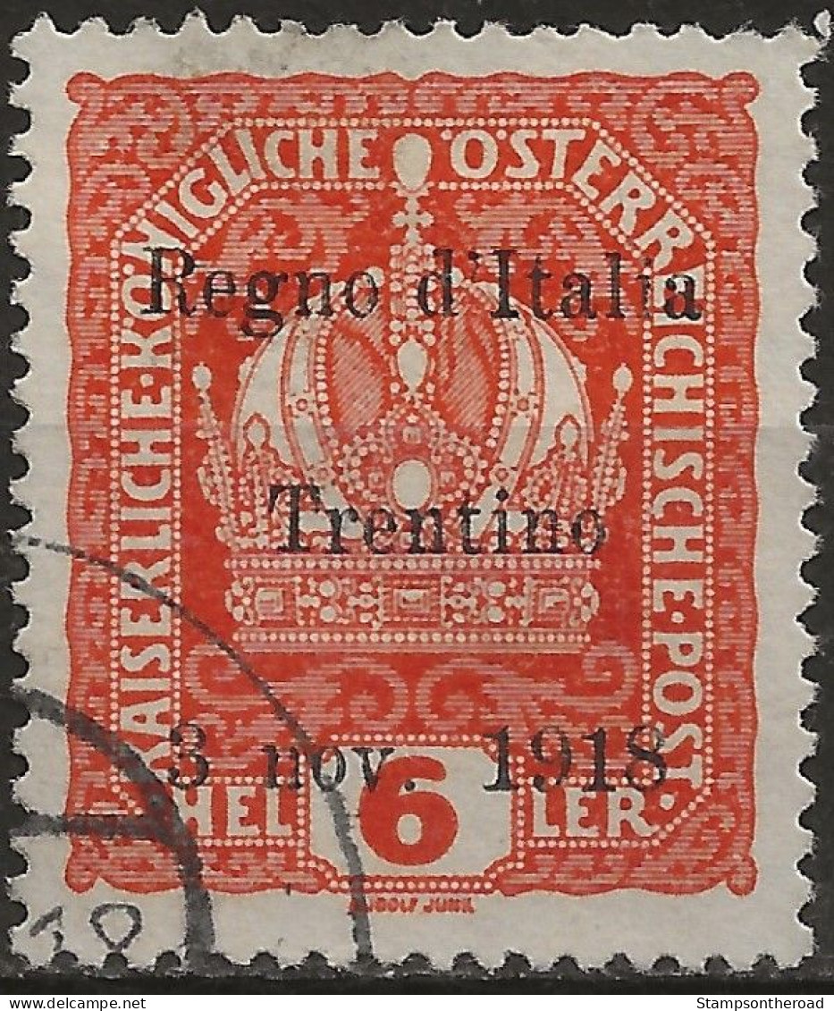 TRAA3U - 1918 Terre Redente - Trentino-Alto Adige, Sass. Nr. 3, Francobollo Usato Per Posta °/ FIRMATO - Trentin