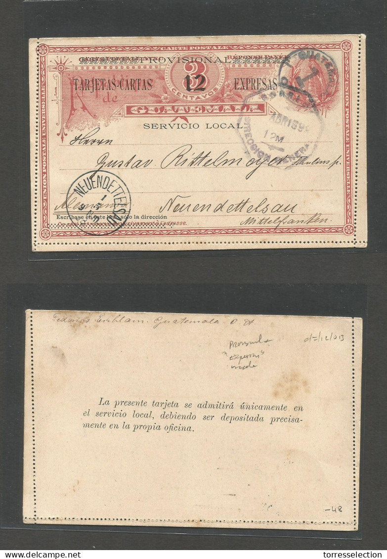 GUATEMALA. 1898 (Apr) GPO - Germany, Neudettelsau (1 May) Ovptd Local 12c/3c Stat Lettersheet. VF Used + Arrival. Expres - Guatemala