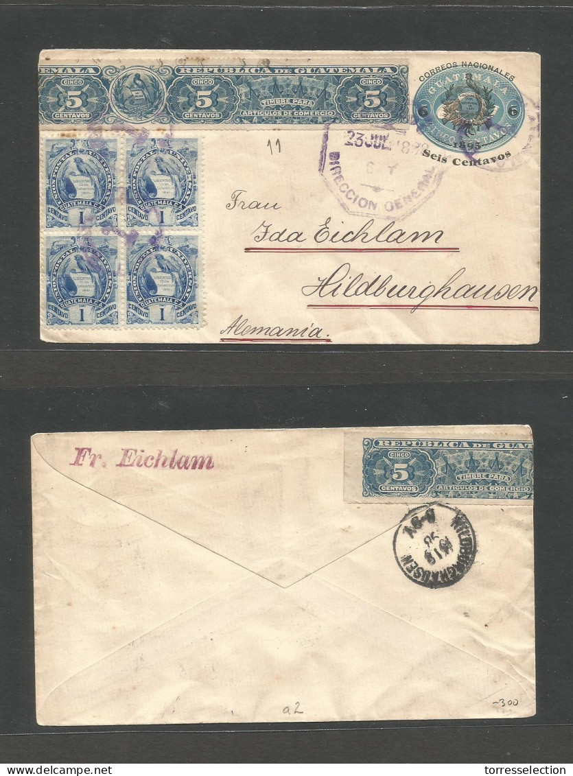 GUATEMALA. 1898 (23 Julio) GPO - Germany, Hilburghasen. 6c Ovptd Stationary Env + Adtl Block Of Pair 1c + 5c TAX Stamp U - Guatemala