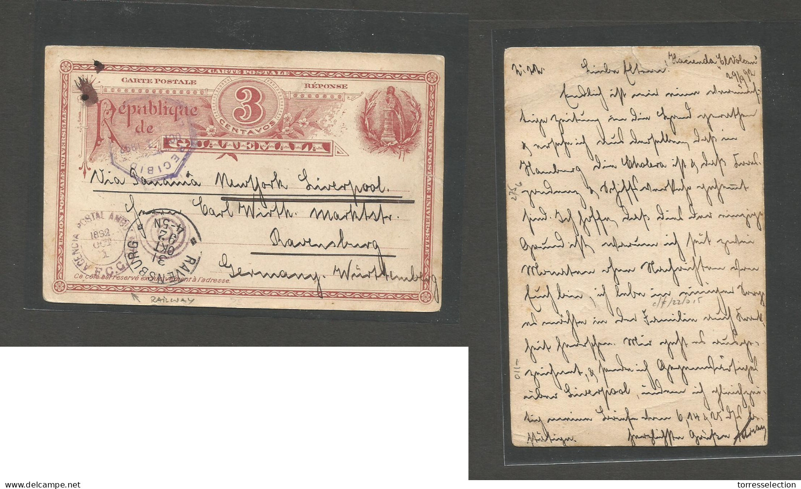 GUATEMALA. 1892 (29 Sept) Hacienda El Volcan - Germany Ravensburg (3 Oct) Reply Half 3c Stationary Card Used. Via TPO /  - Guatemala