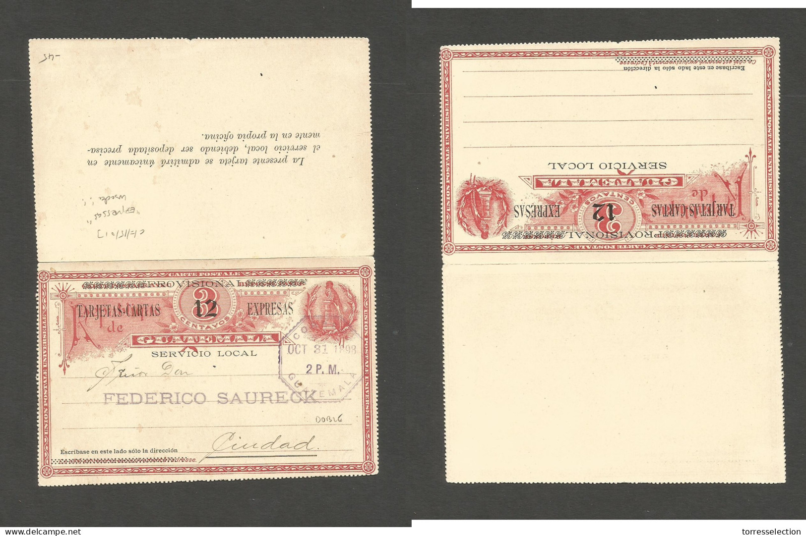 GUATEMALA. 1898 (31 Oct) GPO Local Guatemala City Usage. 12c/3c. Tarjetas Express Ovptd Issue. Fine Double Card. One Way - Guatemala