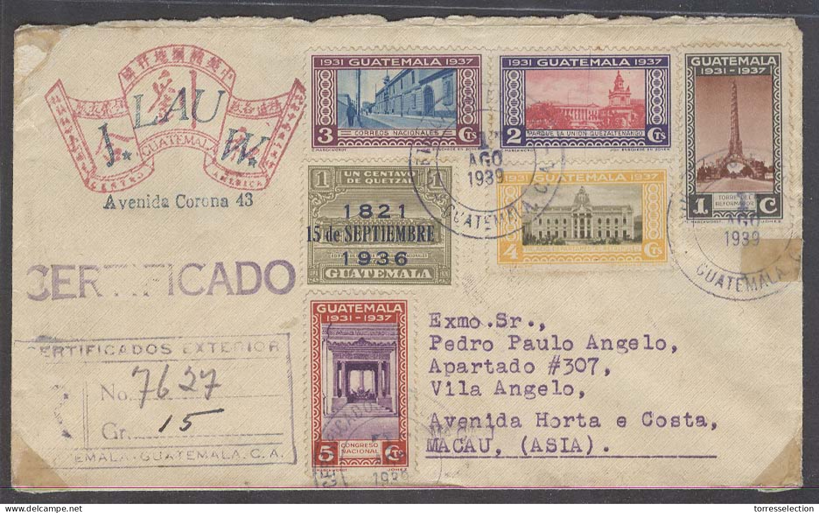 GUATEMALA. 1939 (1 Aug). GPO - Macau, Portuguese Asia (8 Sept). Reg Multifkd Env Written By A Chinese Local Business Wit - Guatemala