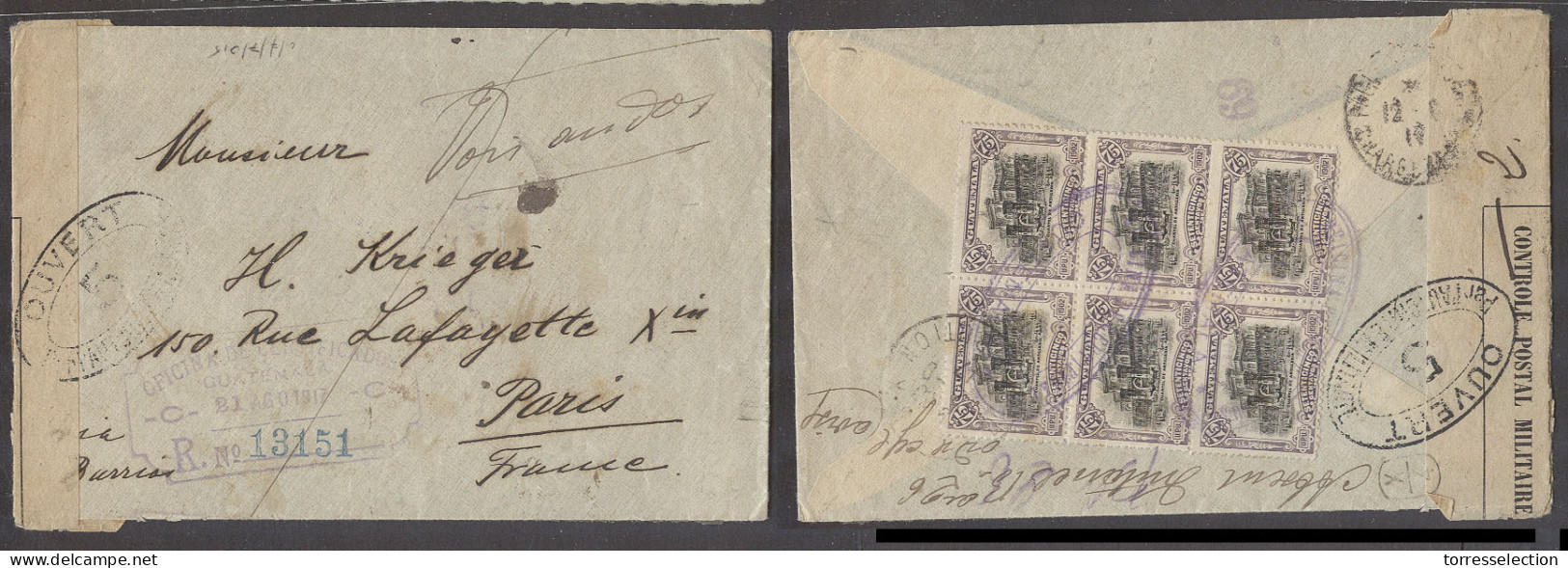 GUATEMALA. 1917 (21 Ago). GPO - France, Paris (12 Sept). Reg Reverse Multifkd Censored WW I Env Bearing 75c Block Of Six - Guatemala