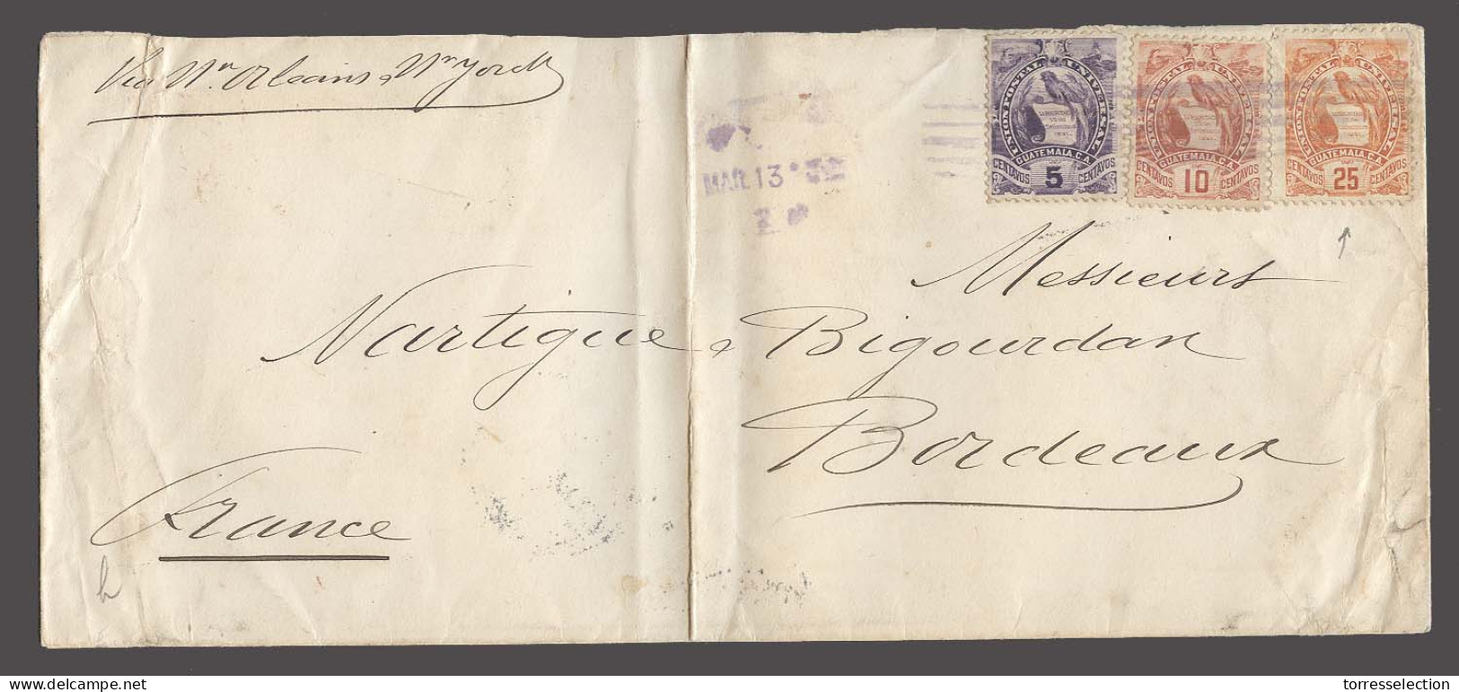 GUATEMALA. 1900 (13 March). GPO - France. Multifkd Env 40c Rate. Fine Incl 25c. - Guatemala