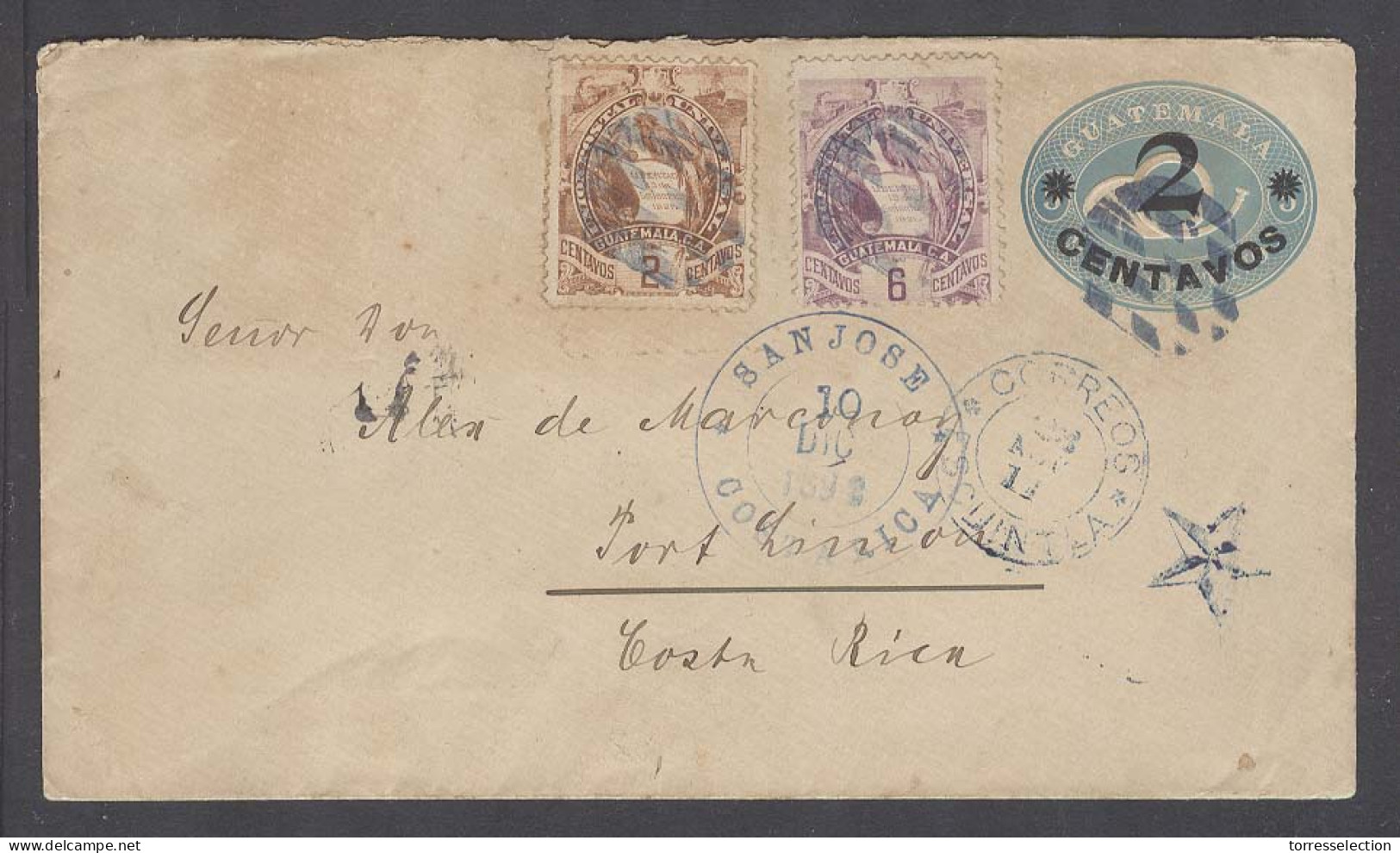 GUATEMALA. 1892 (23 Nov). Escuintla - Costa Rica (10 Dic). 2cts Ovptd Stat Env 2 Adtls. Better Dest Via Panama (30 Nov). - Guatemala