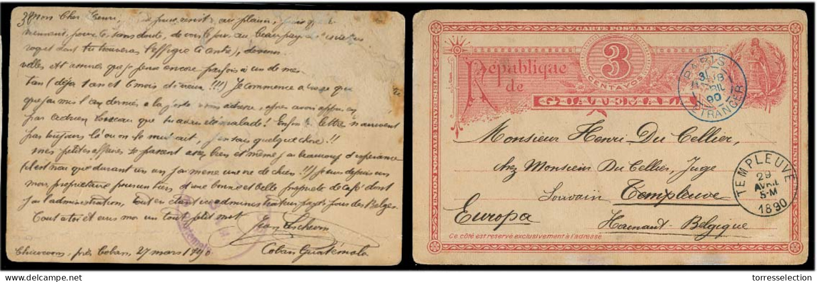 GUATEMALA. 1890 (27 March). Chicocoom / Belgian Colony/Cobán -  Templeuve / Belgium . 3c Stat Card With Long Text By Col - Guatemala