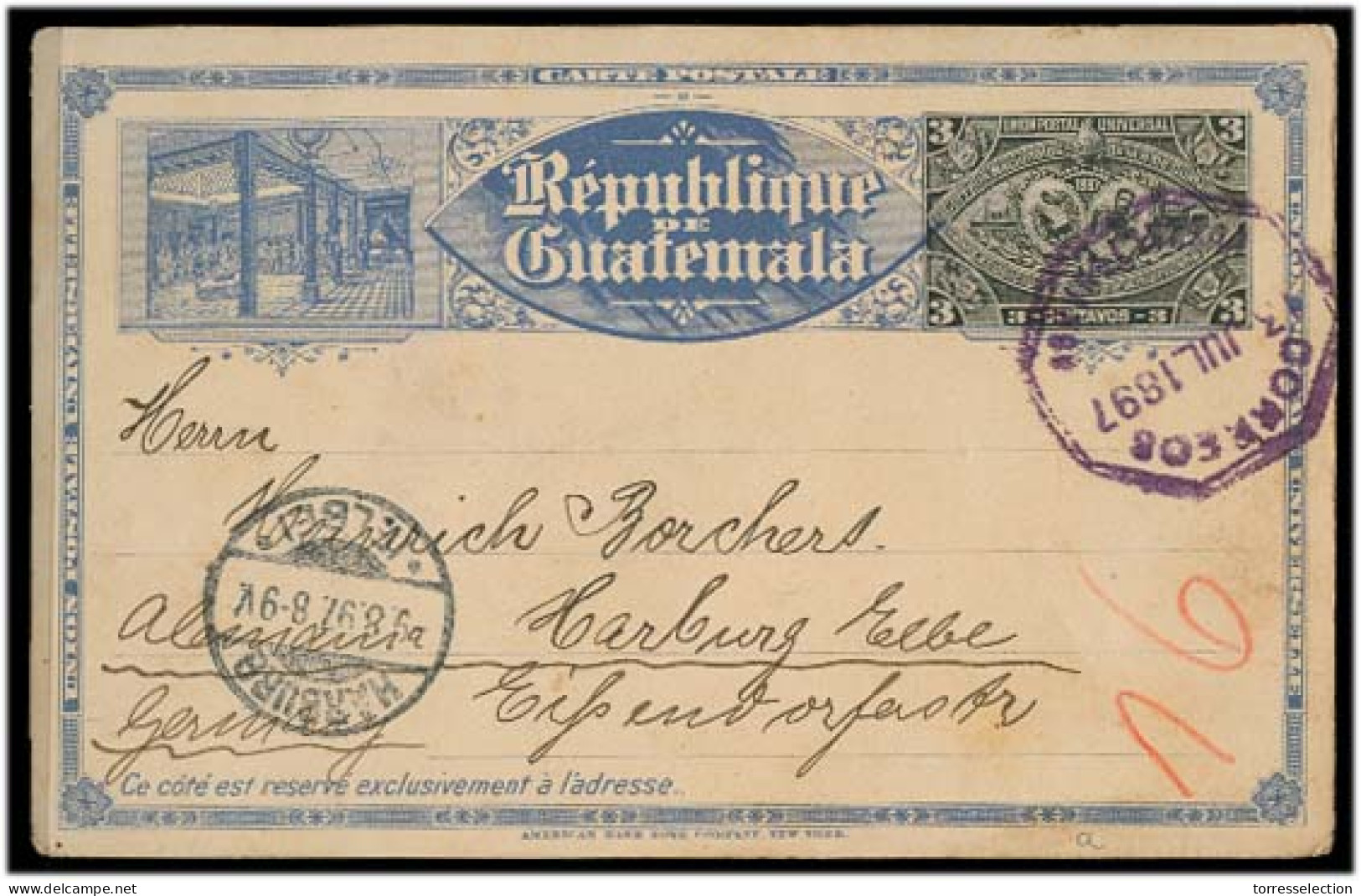 GUATEMALA. 1897 (3 July). Quezaltenango - Germany. 3c Stat Card. VF Used. - Guatemala