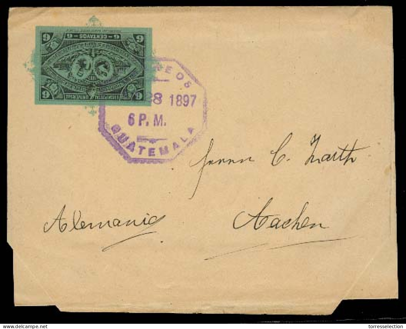 GUATEMALA. 1897 (28 April). Guatemala - Germany / Aachen. 9c Green Stat Wrapper. VF Used. - Guatemala