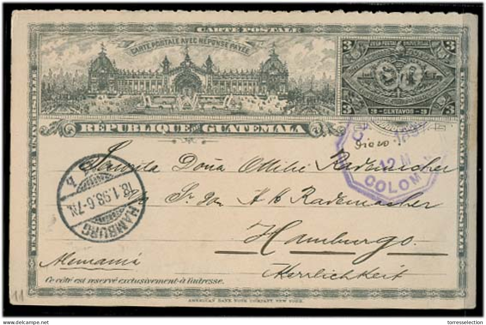 GUATEMALA. 1897. Colomba - Germany. 3c Stat Card. VF. - Guatemala