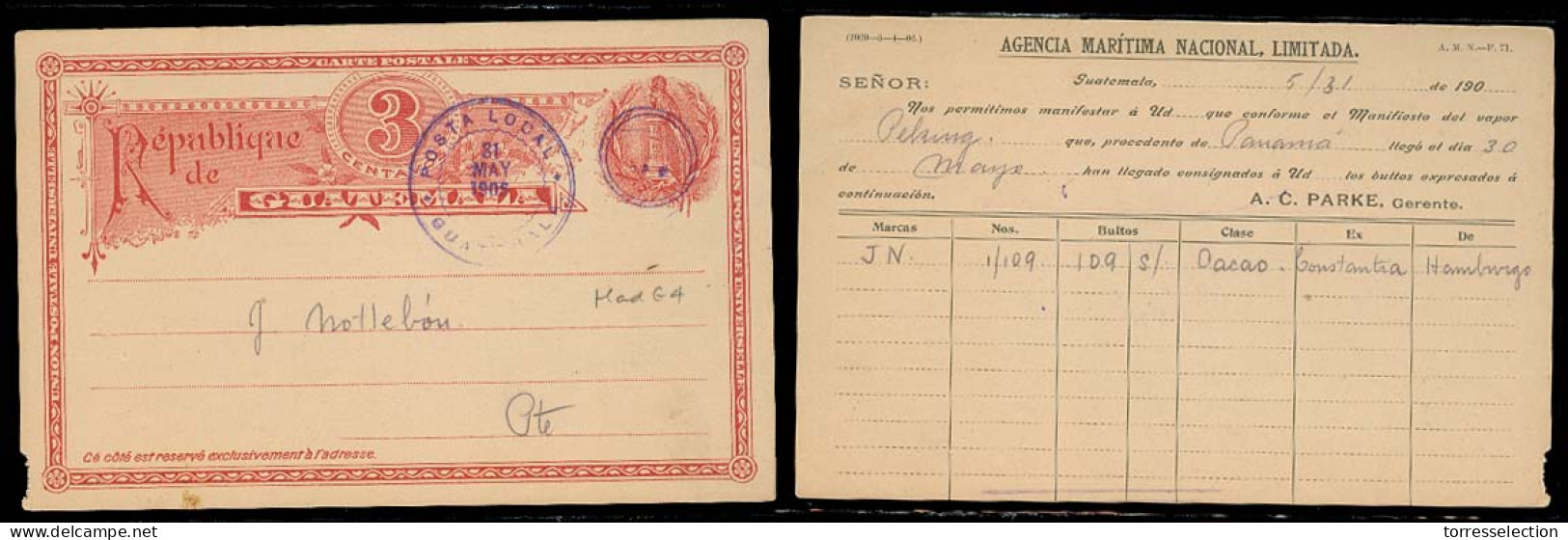 GUATEMALA. 1905. Guatemala Local 3c Red Stat Card / Used. Comercially Printed Reverse + Request Merchandise Filled. - Guatemala