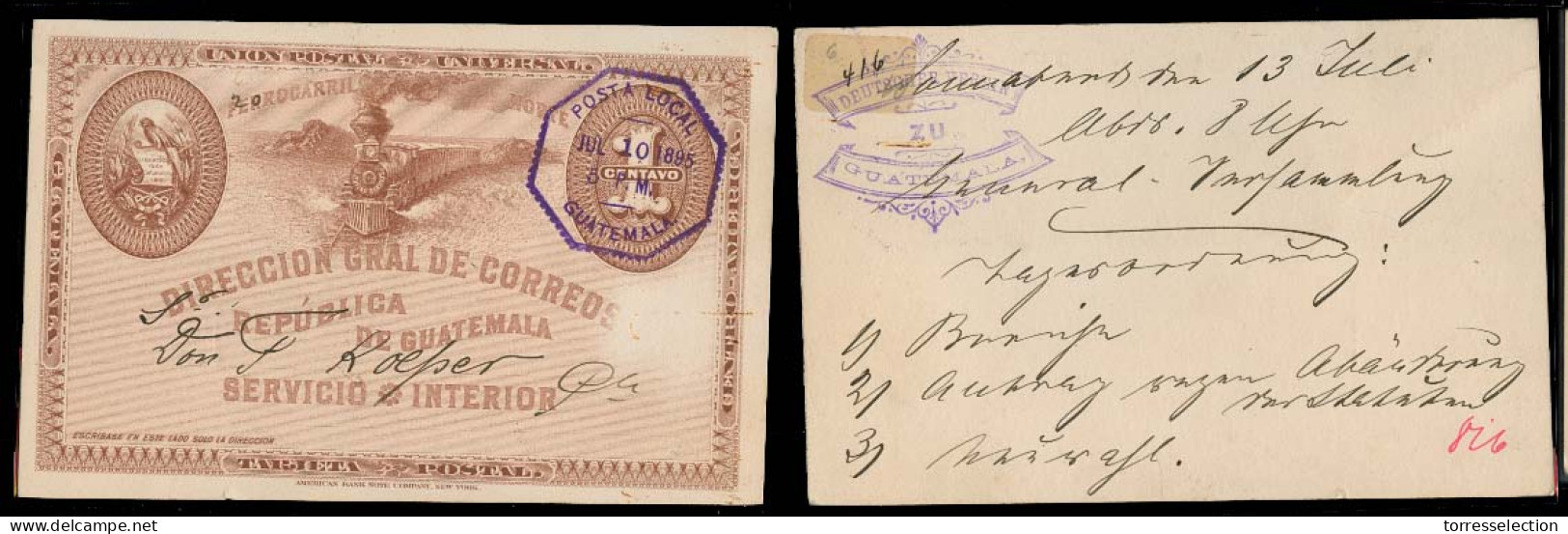 GUATEMALA. 1895 (10 July). Correo Local / Guatemala. Used Train Card. Stat 1c. XF. - Guatemala