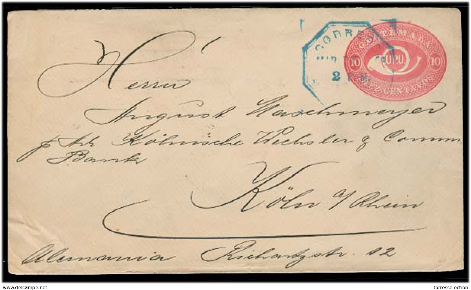 GUATEMALA. 1898. Coban - Germany. 10c Red Stat Env. Arrival Cds / Used. Fine. - Guatemala