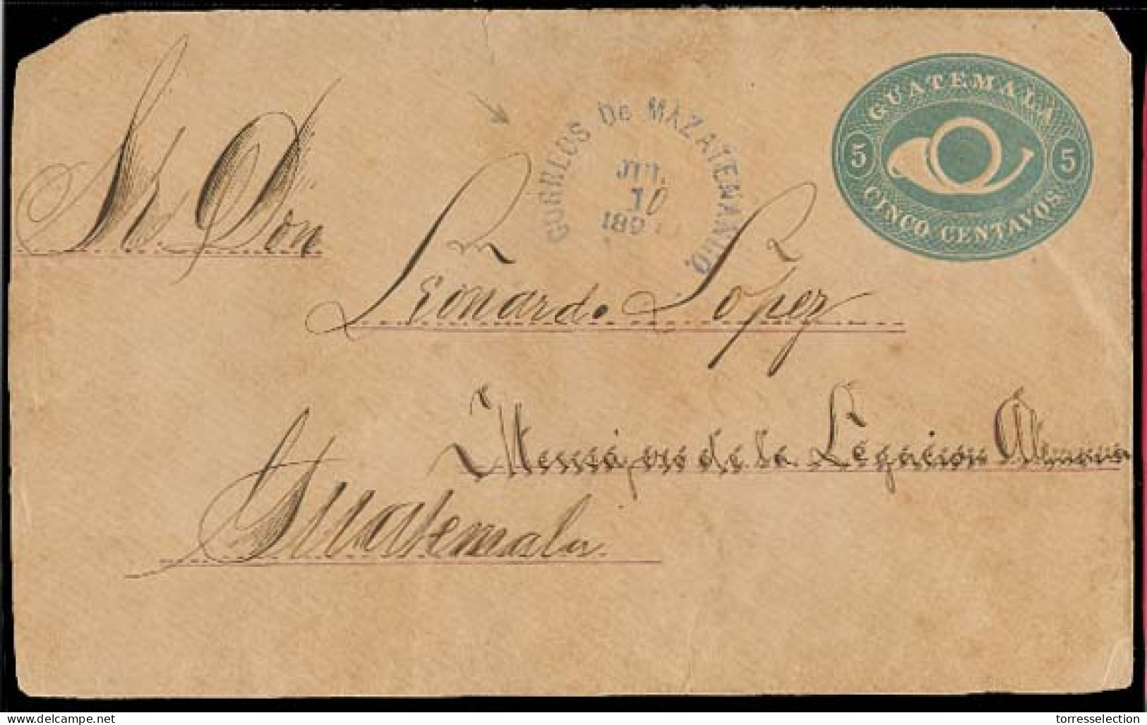 GUATEMALA. 1891. Mazatenango - Guatemala. 5c Blue Stat Env / Cds Toned But Scarce. - Guatemala