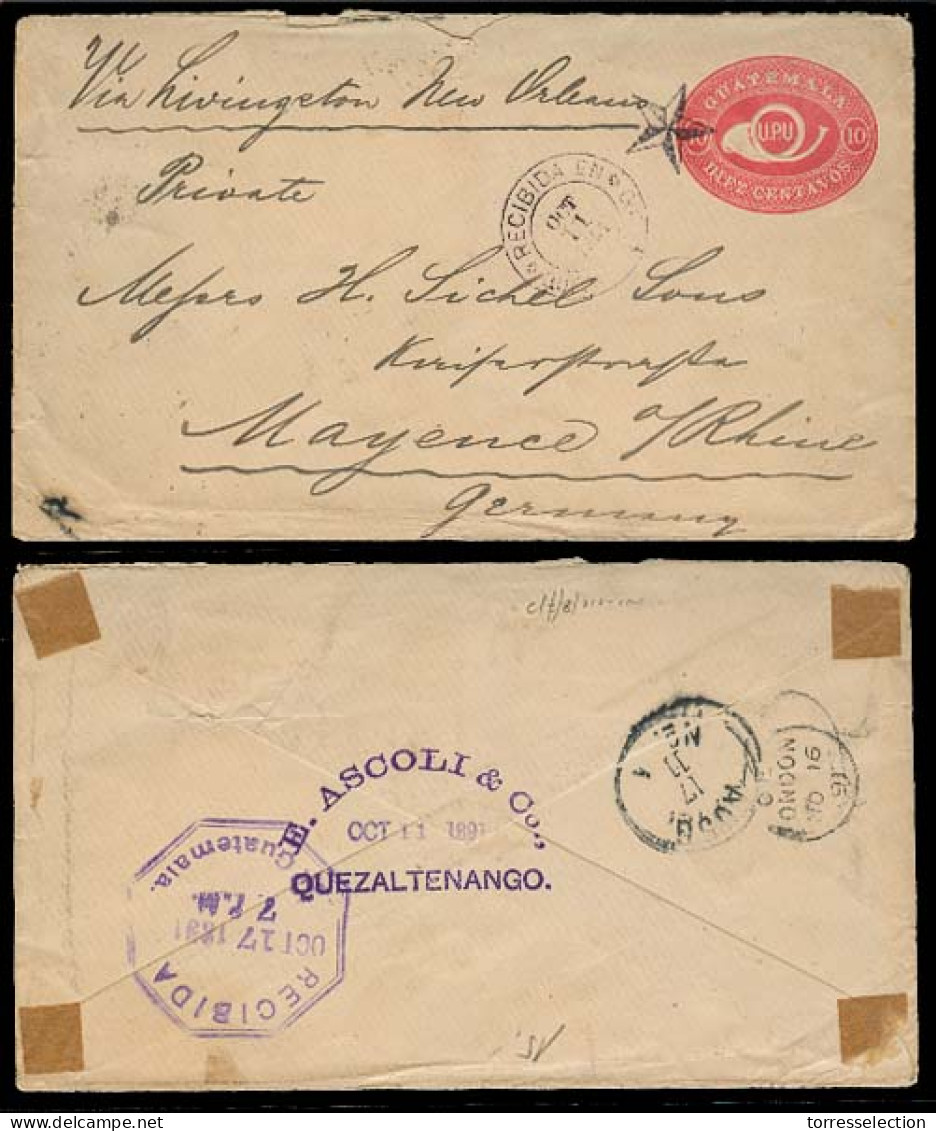GUATEMALA. 1891 (11 Oct). Quezaltenango - Germany. 10c Red Stat Env Used Via Livingston - NY. Fine Used. - Guatemala