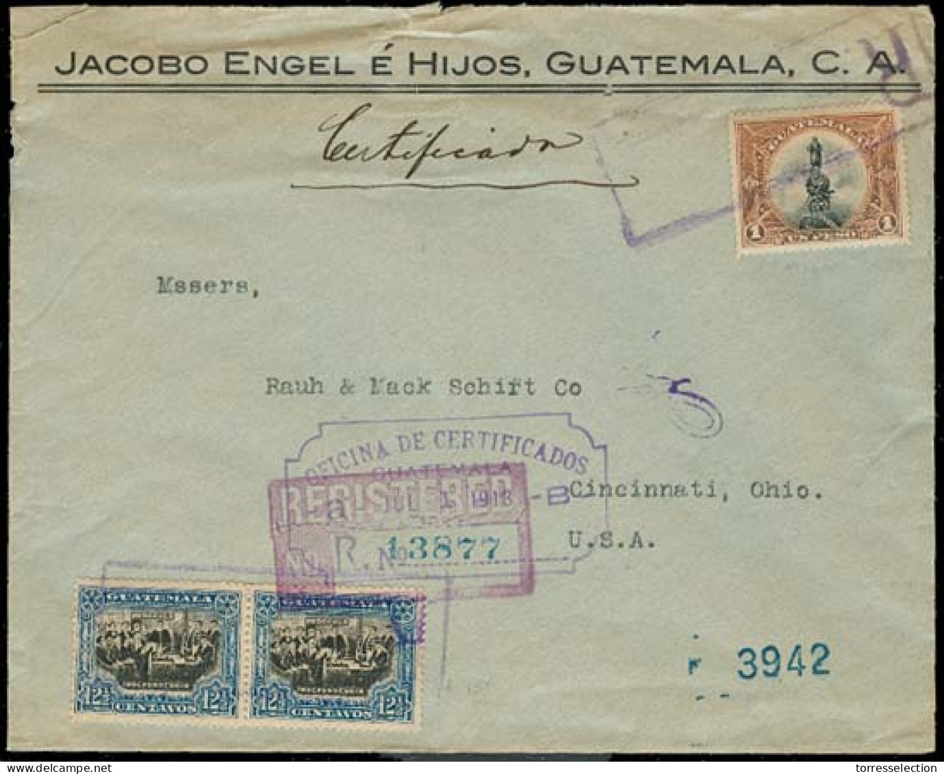GUATEMALA. 1913. Guatemala - USA. Multifkd Env "R" Boxes Cacheted (xxx). Unusual. - Guatemala