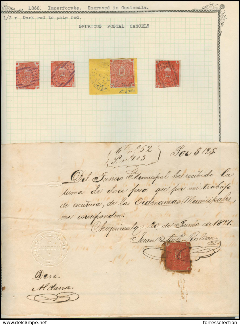 GUATEMALA. 1868. 1/2r Red Fiscal Plate II Used On 1871 Document. Also 4 Copies Incl One On Piece With Spurious Postal Ca - Guatemala