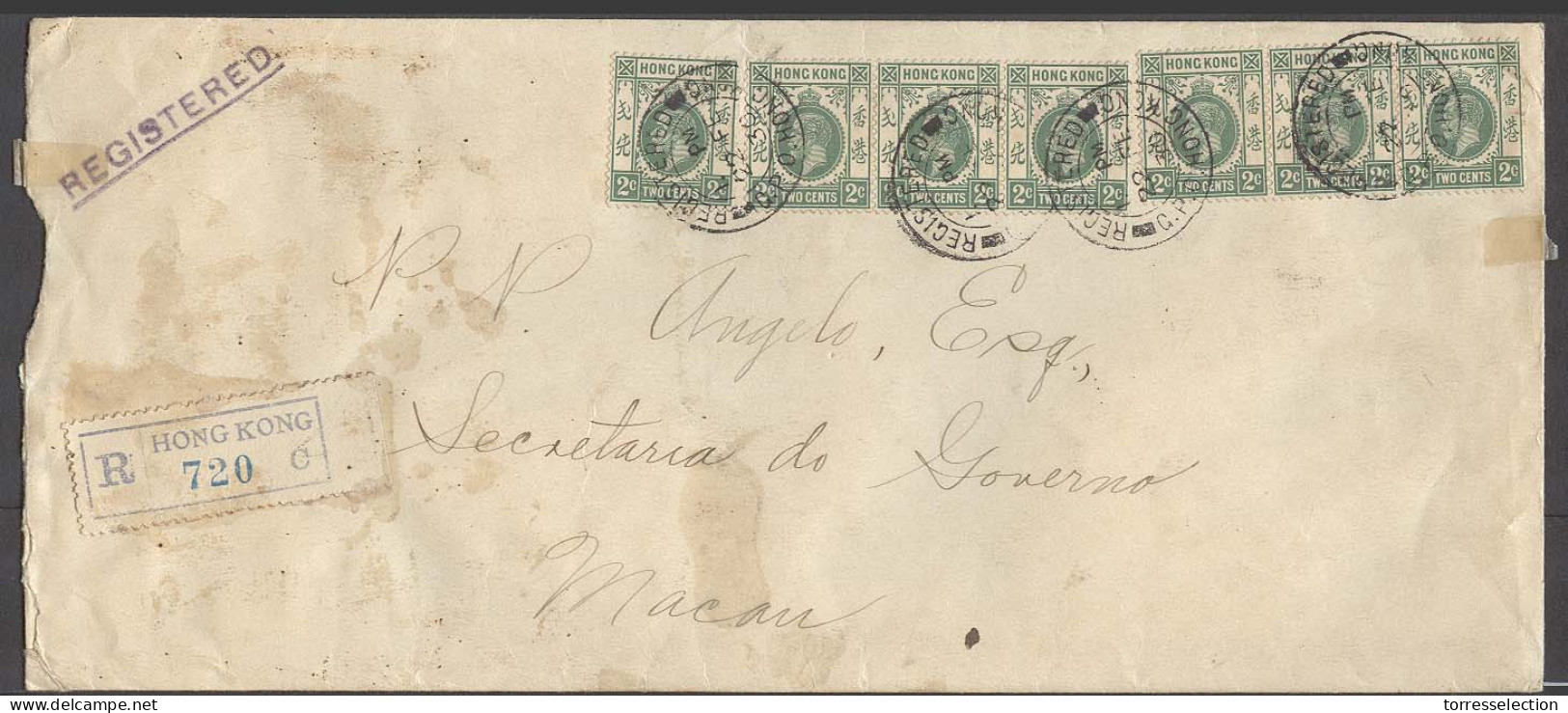 HONG KONG. 1930 (22 Feb). GPO - C - Macau (22 Feb). Reg Multifkd Env 14c Rate Bearing 2c X7 Cds. VF. - Other & Unclassified