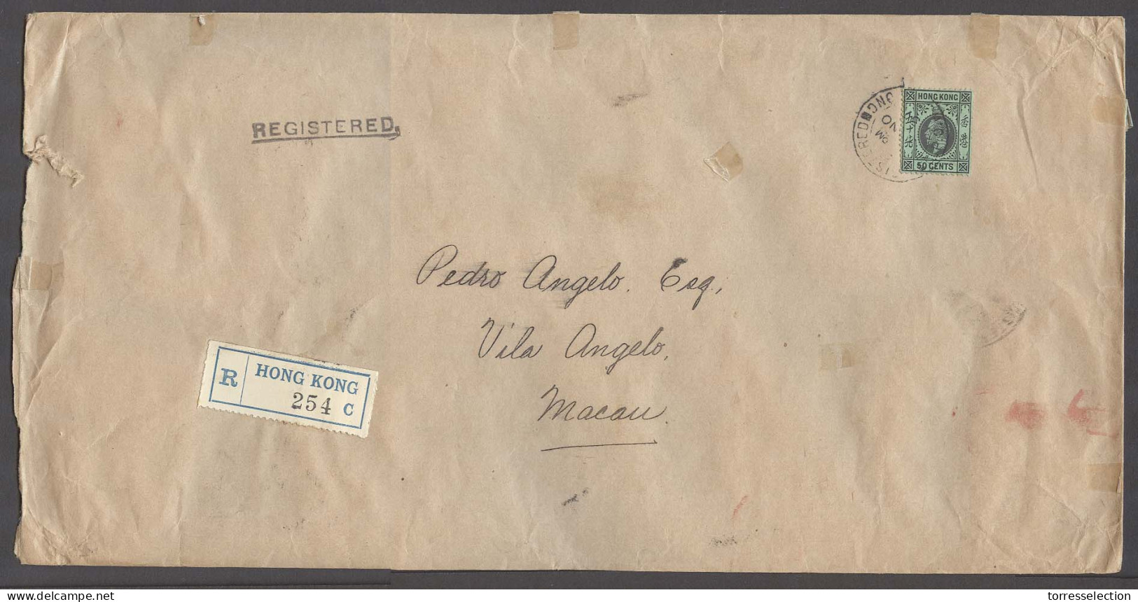 HONG KONG. 1937 (3 Nov). HK - C - Macau (4 Nov). Reg Single 50c Stamp Fkd Env An Xtraord Rare Usage For This Local Dest  - Other & Unclassified