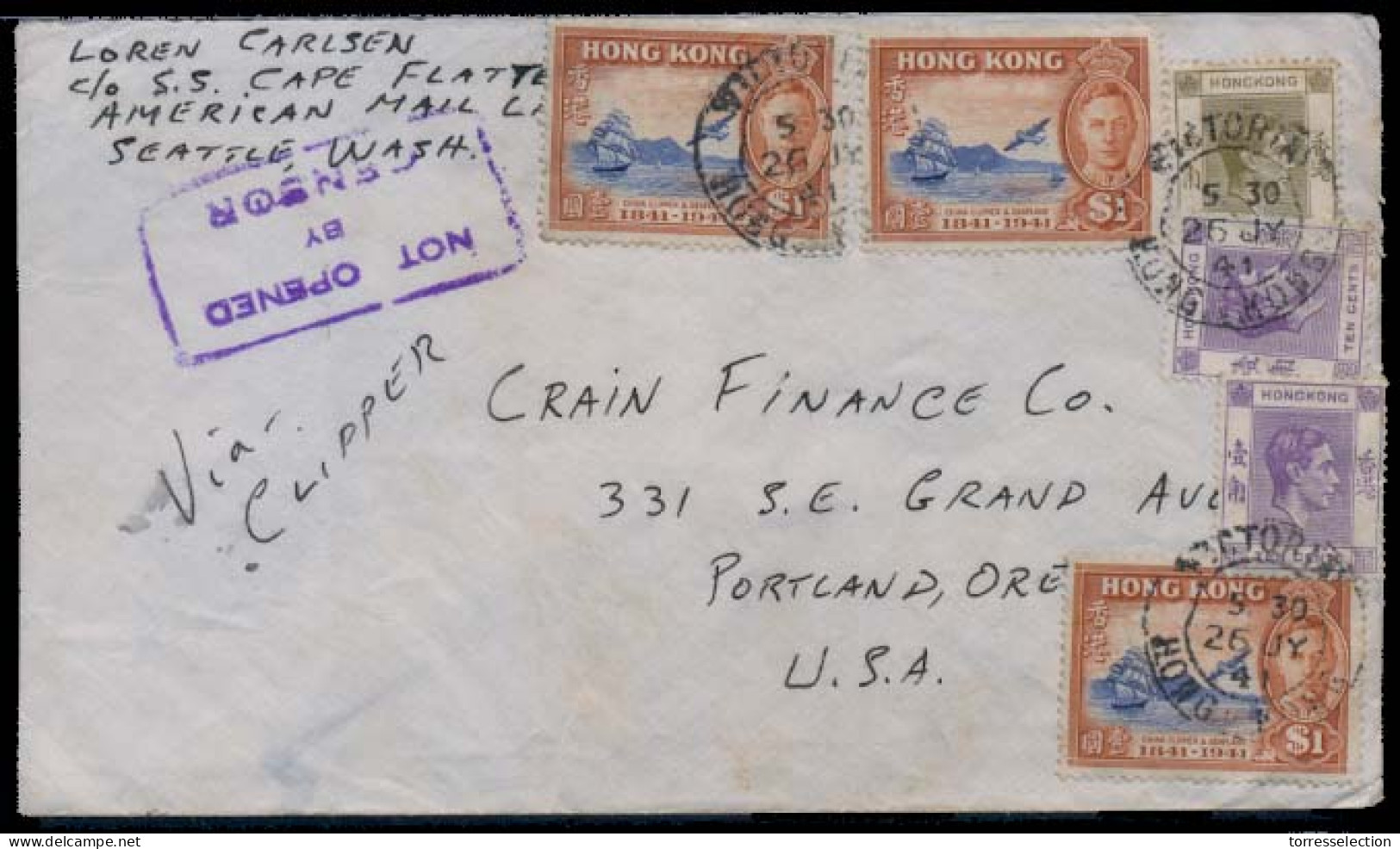 HONG KONG. 1941 (26 July). Victoria - USA. Airmail Multifkd Mixed Issues Env. Not Opened By Censor Cachet. VF. Vi AChina - Other & Unclassified