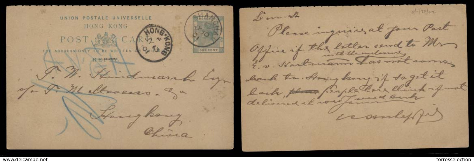 HONG KONG. 1901 (10 July). Hong Kong Reply Half Stat Card Used Back From Shanghai. Arrival Cds On Front (13 July) With C - Other & Unclassified