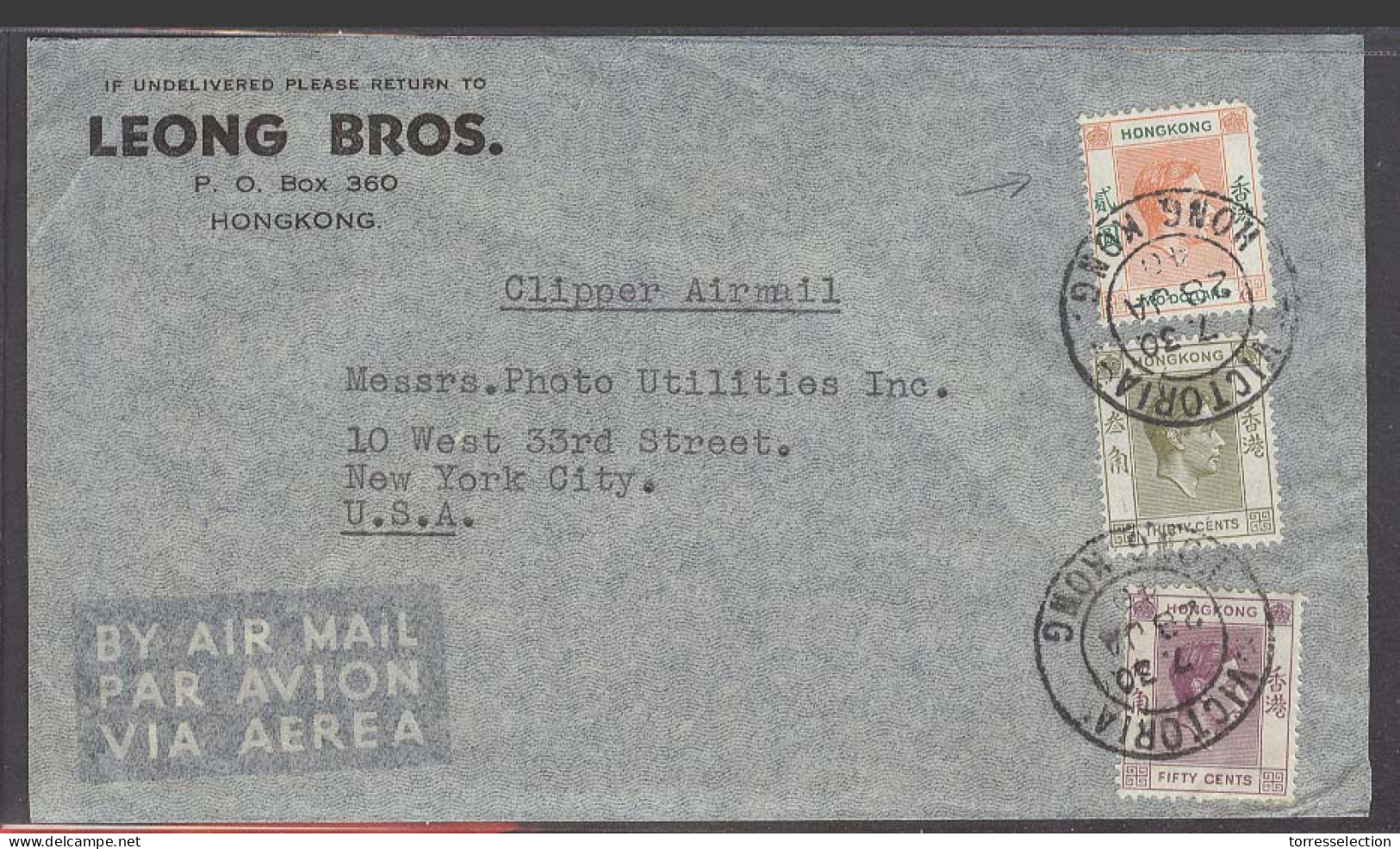 HONG KONG. 1940 (28 Jan). Victoria - USA / NY. Air Multifkd Incl 2$ Rate 2,80$ Via Pacific Clipper. Fine. - Other & Unclassified