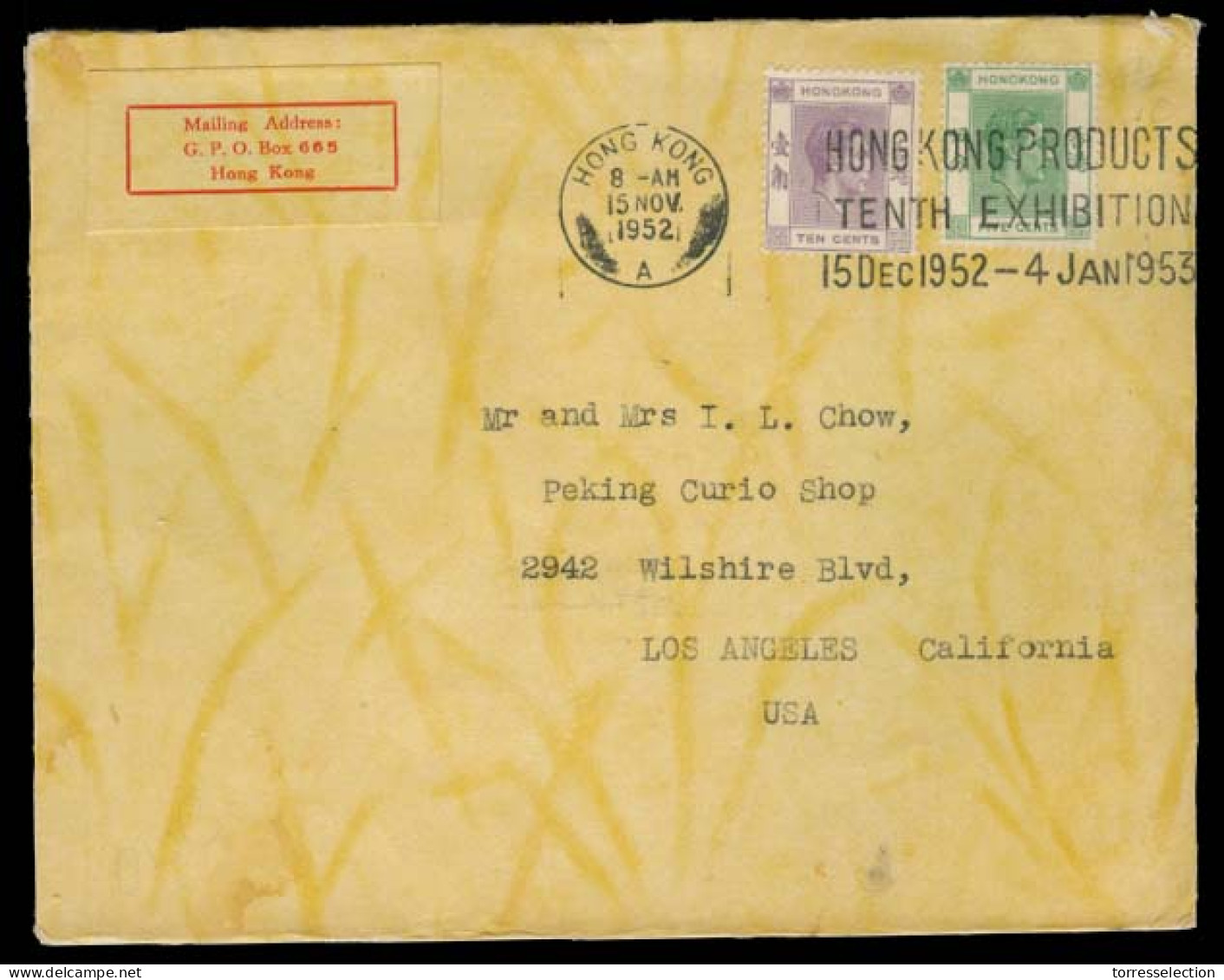 HONG KONG. 1952 (15 Nov). HK - USA. Fkd Env "Tenth Exhibition / 15 Dec 52 - 4 Jan 53" Slogan Cancel. XF. On Soft Orienta - Other & Unclassified