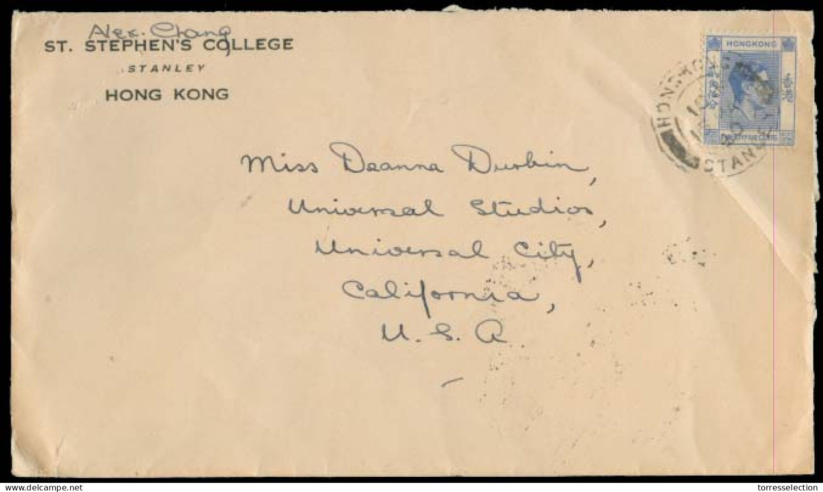 HONG KONG. 1940 (13 March). Stanley / HK - USA. Fkd Env / Cds. St Stephens College. VF  + Overseas District PO Usage. Sa - Other & Unclassified