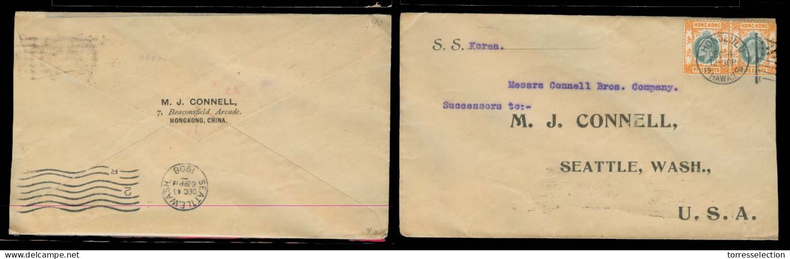 HONG KONG. 1908. HK - USA. Via Hawaii (4 Dec), Seattle (13 Dec). Fkd Env Cancelled At Honolulu In Transit. SS Korea. VF. - Other & Unclassified