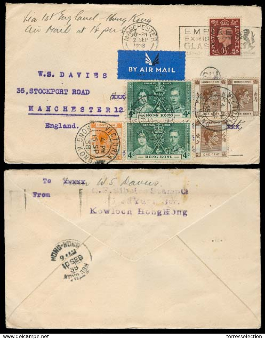 HONG KONG. 1938 (2 Sept). FIRST FLIGHT. England - HK. Doble Trip Doble Fkd Cover. Nice Mixed Usage. - Other & Unclassified