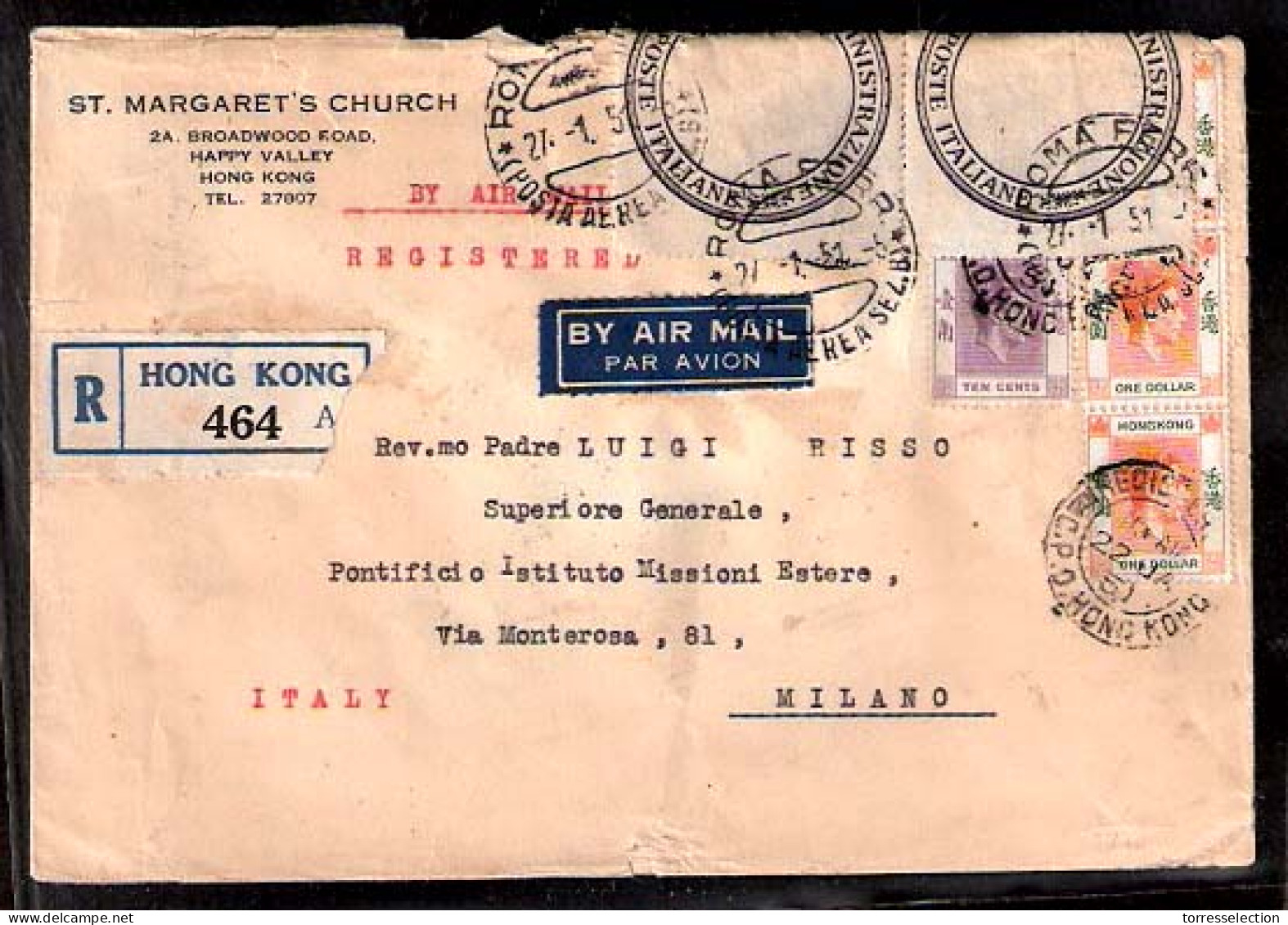 HONG KONG. 1951. HgKg - Italy. Registered Airmail Multifrkd Env + Italian Postal Labels / Sealing. Nice Mix. - Other & Unclassified