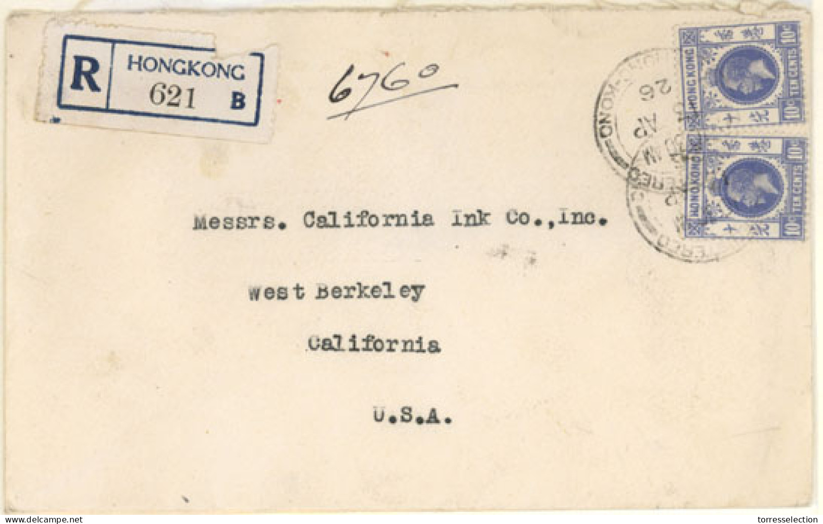 HONG KONG. 1926. Hong Kong To USA. Registered Franked Env. 2x10 Cts. Envelope. F. - Other & Unclassified