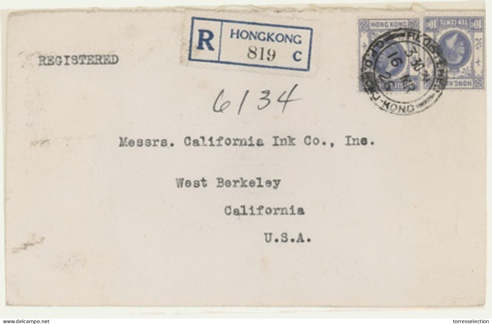 HONG KONG. 1926(March 16th). Registered Cover To USA Franked By 1921 Pair Of 10c Ultramarine Tied By ‘Registered’ Cds, B - Other & Unclassified