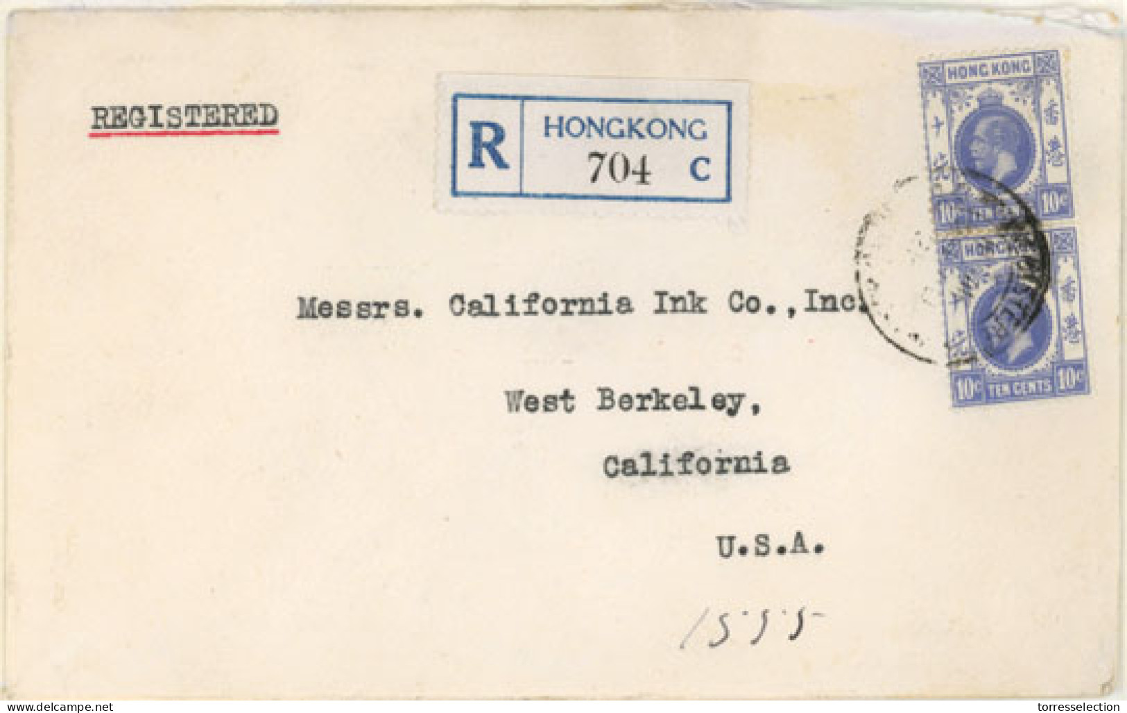 HONG KONG. 1925. Hong Kong To USA. Registered Franked Envelope Pair 10c Blue.F-VF. - Other & Unclassified