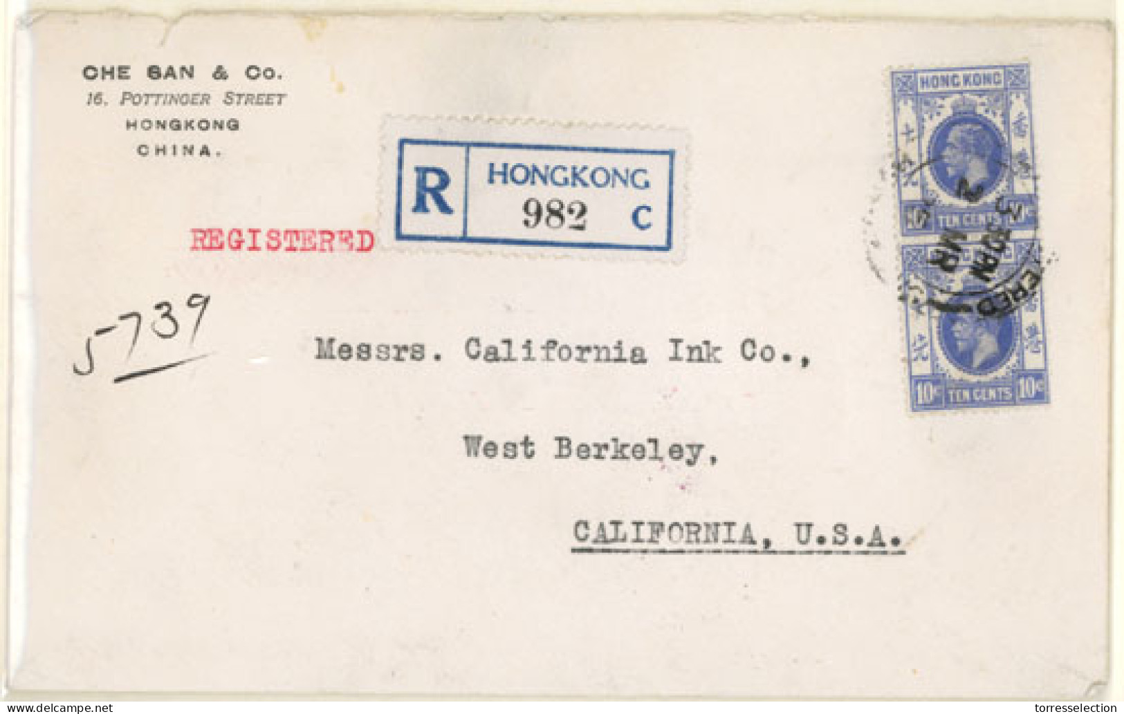 HONG KONG. 1925. Hong Kong/Usa. Registered Frkd Pair 10 Cts Env. V.F. - Other & Unclassified