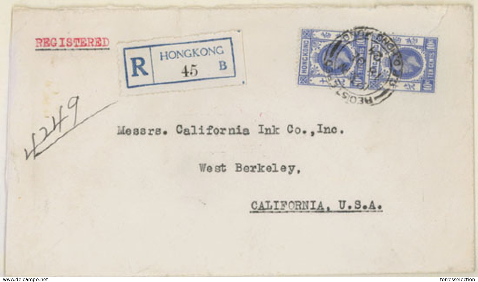 HONG KONG. 1924. Registered Cover To USA With Pair Of 1921 10c Ultramarine Tied By ‘Registered’ Hong Kong Datestamps, Bl - Sonstige & Ohne Zuordnung