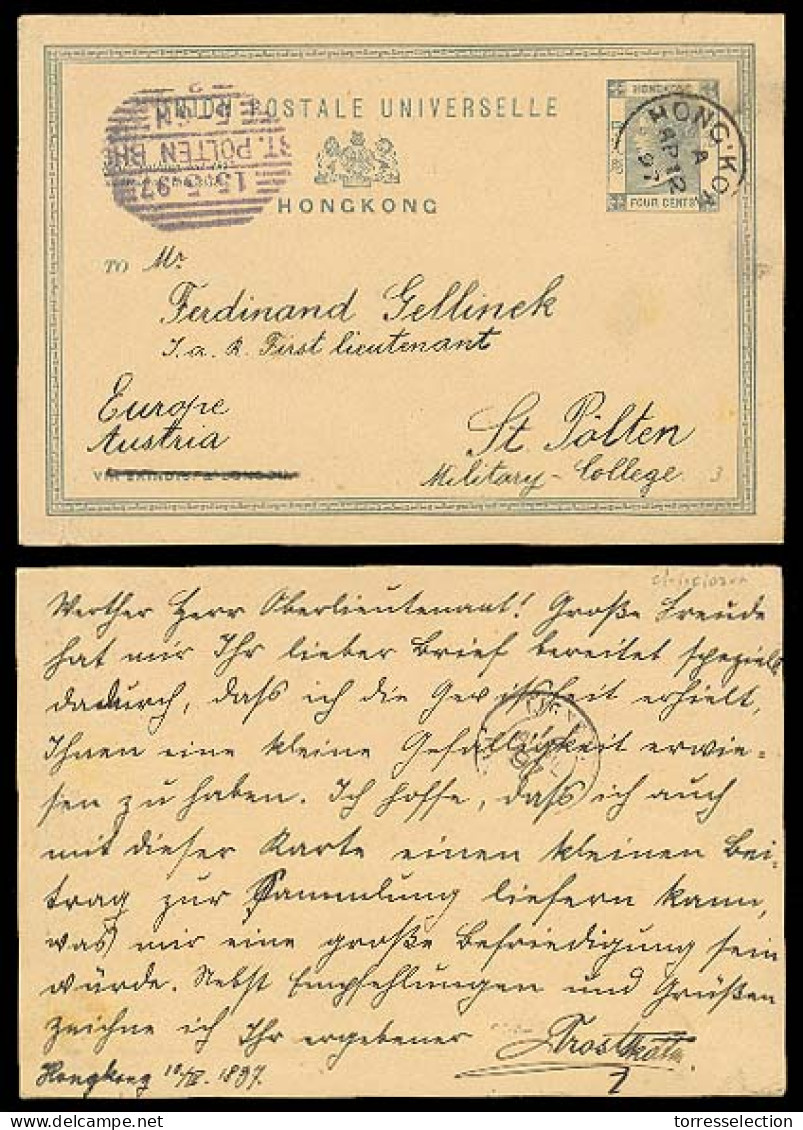 HONG KONG. 1897. Hong Kong - Austria. 4c Stat Card Addressed To A Military Officer. On Reverse "Ligne N / Paq Fr Nº" Cds - Other & Unclassified