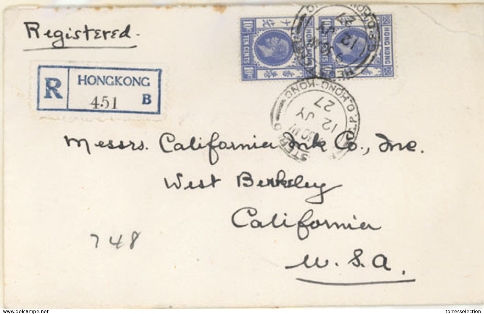 HONG KONG. 1927(July 12th). Registered Cover To USA Franked By 1921 Pair Of 10c Ultramarine Tied By ‘Registered’ Cds, Bl - Other & Unclassified