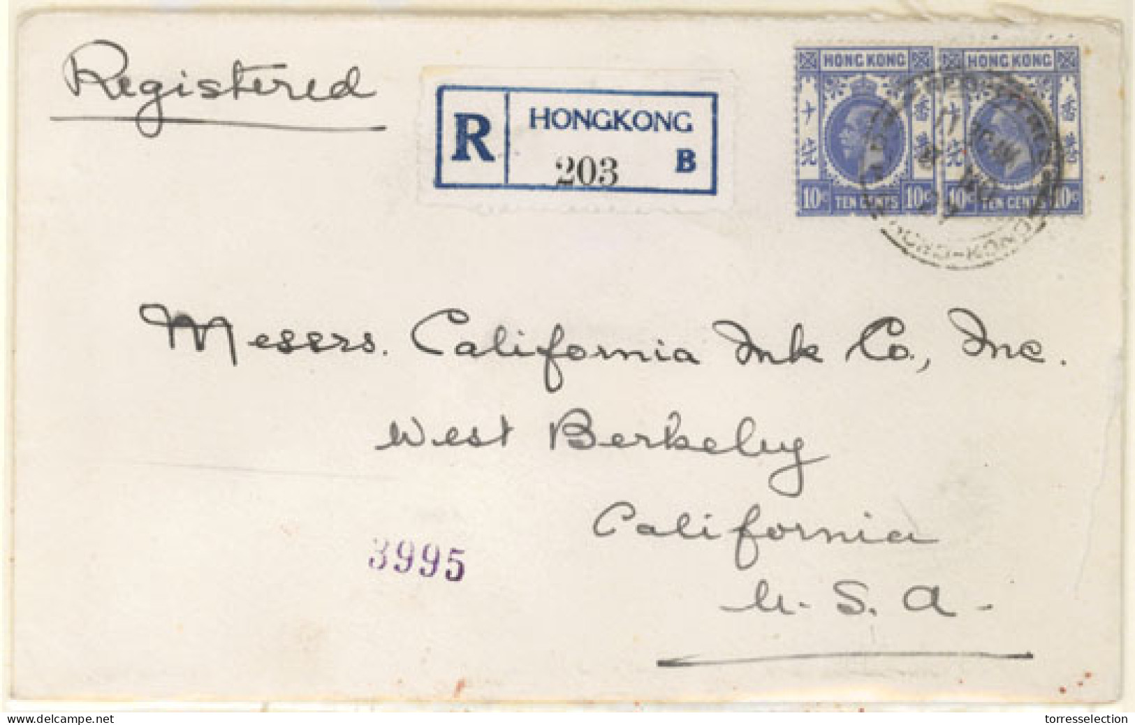 HONG KONG. 1927. Registered Cover To USA Franked By Two 1921 10c Ultramarine Tied By ‘Registered’ Cds, Blue Hong Kong-B  - Other & Unclassified