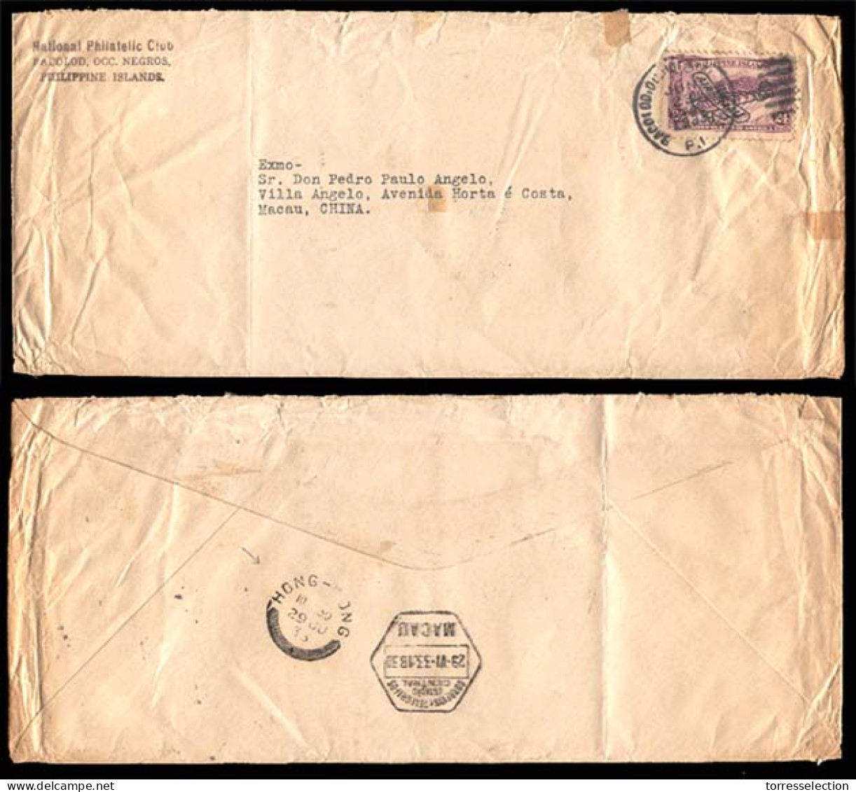 HONG KONG. 1933 (23 June). HONG KONG - PHILIPPINES - MACAU. Bacolod / Philippines To Macau (29 June). Franked Airmail En - Sonstige & Ohne Zuordnung